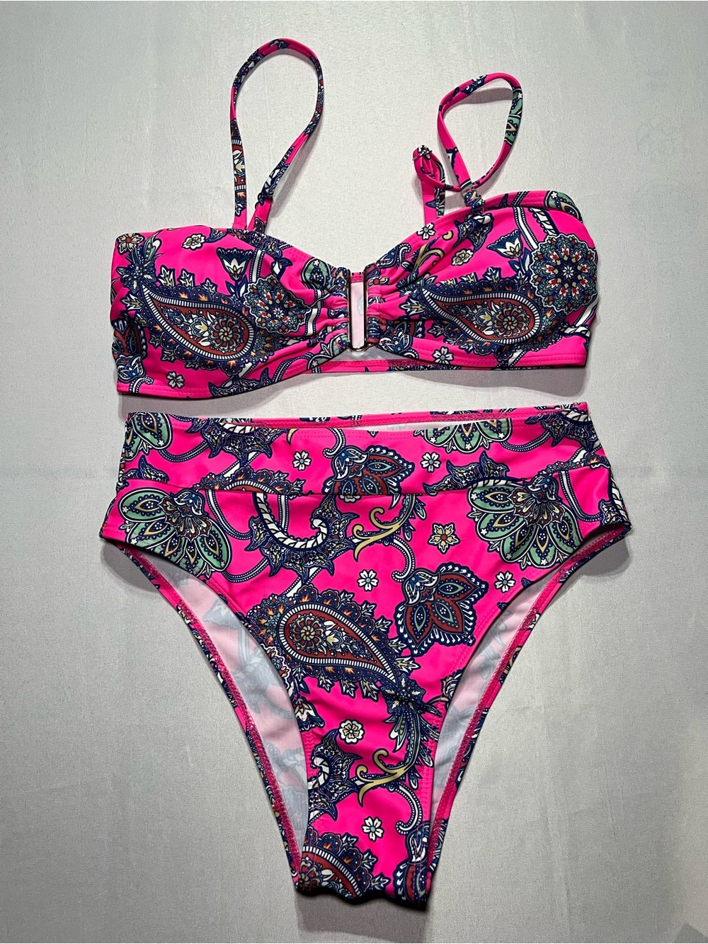 Bright Pink Paisley Women’s Medium High-Waist Cheeky Bottom Bikini Set